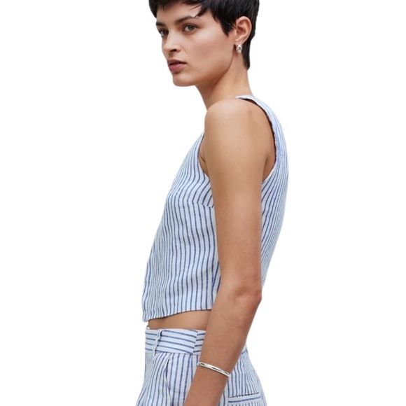 Madewell 100% Linen Scoopneck Stripe Crop Tank in Bluestone Size M - Picture 4 of 12